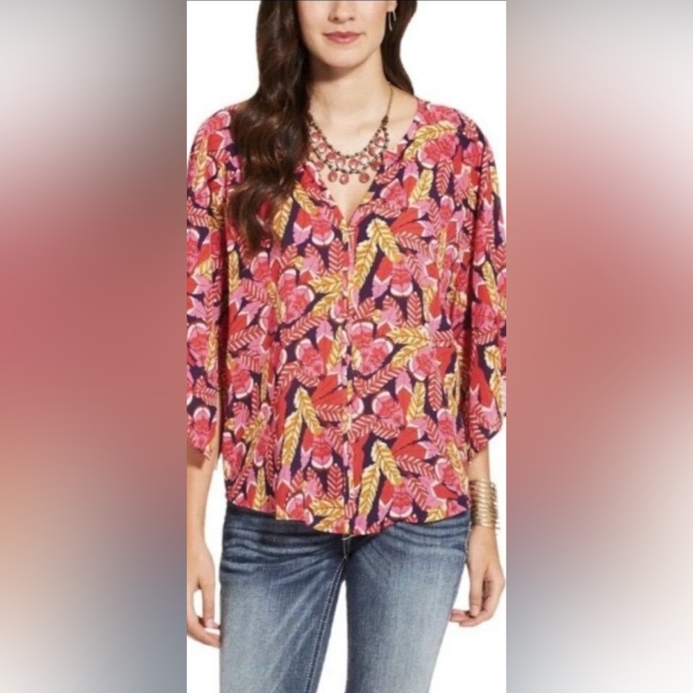 Ariat Feather Print Kimono Sleeve Blouse Small western boho